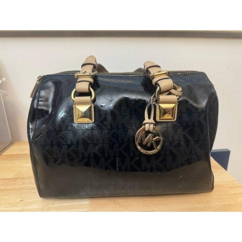 Michael Kors Black Patent Monogram Satchel Bag Tan Handles Gold Hardware